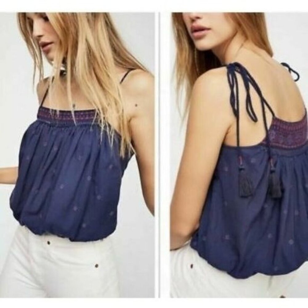 Free People Eternal Love Navy Embroidered Cotton Top